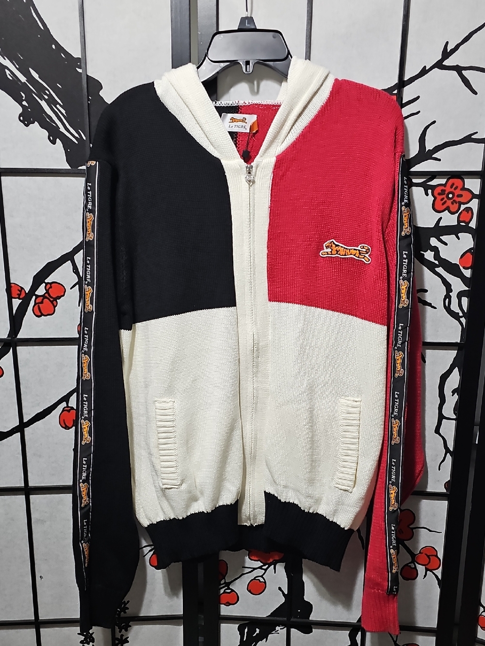 Le Tigre Red White Black Zip-Up Hoodie Knit Sweater with Tiger Motif Large New